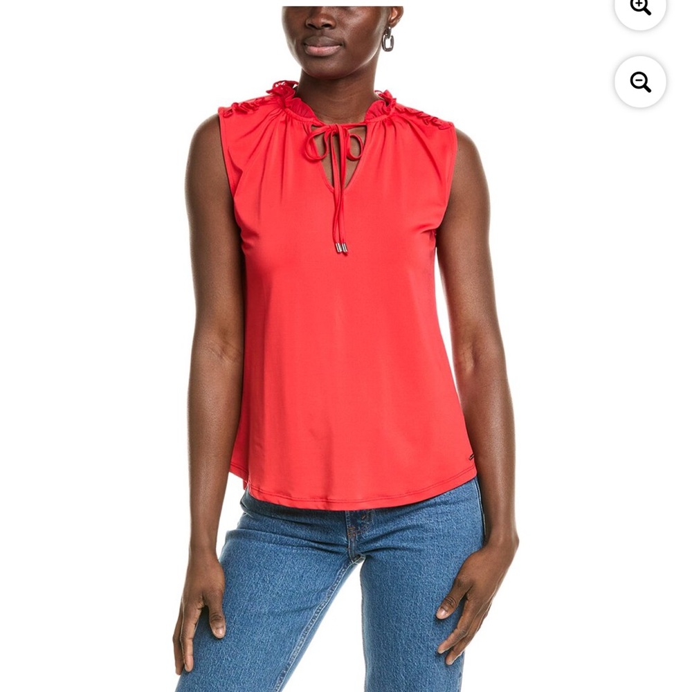 Tahari Elegant Red Sleeveless Top blouse ruffled neck size S
